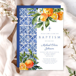 Elegant Religious Cross Blue Tiles Baptism Invitation