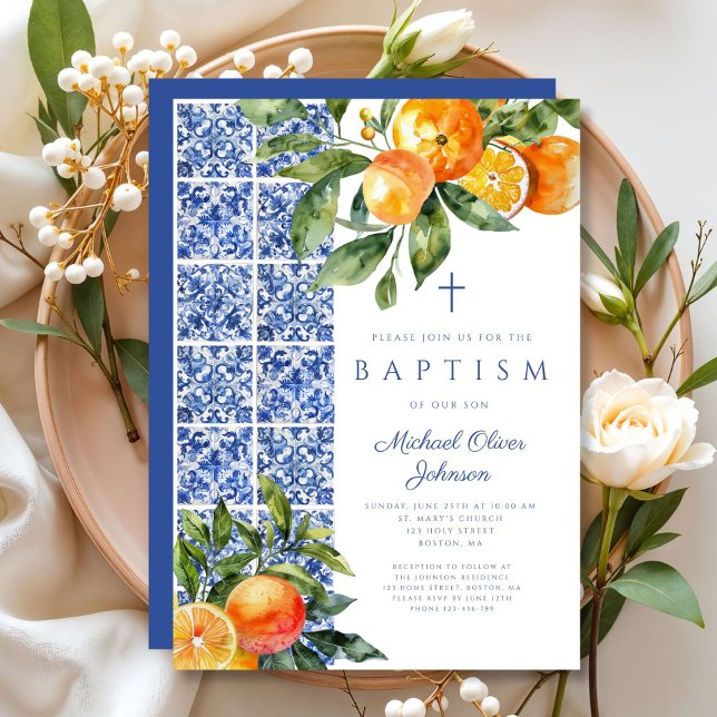 Elegant Religious Cross Blue Tiles Baptism Invitation (Elegant Religious Cross Blue Tiles Baptism Invitation)