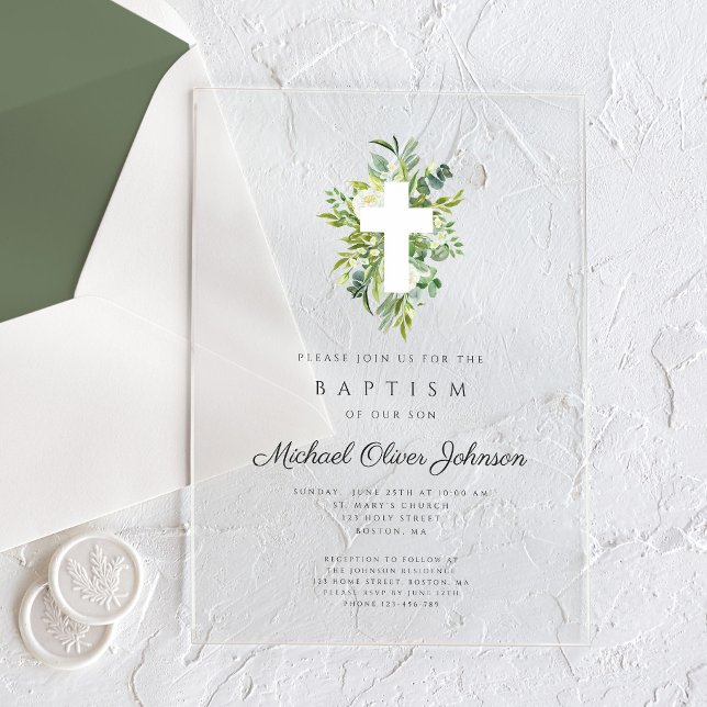 Elegant Religious Cross Botanical Baptism Acrylic Invitations (Elegant Religious Cross Botanical Baptism Acrylic Invitations)