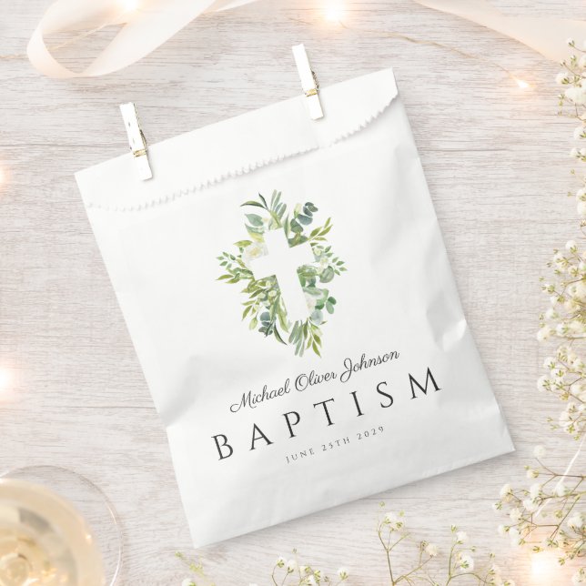 Elegant Religious Cross Botanical Baptism  Favour Bags (Clipped)