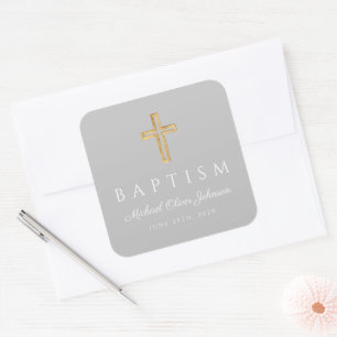 Elegant Religious Cross Boy Baptism Square Sticker