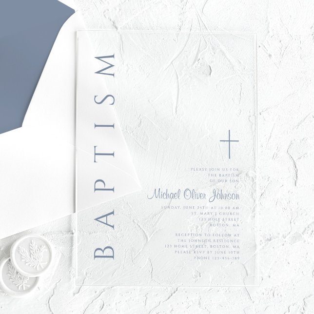 Elegant Religious Cross Dusty Blue Boy Baptism Acrylic Invitations (Elegant Religious Cross Dusty Blue Boy Baptism Acrylic Invitations)