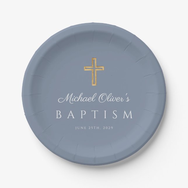 Elegant Religious Cross Dusty Blue Boy Baptism Paper Plate (Front)