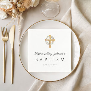 Elegant Religious Cross Floral Wreath Baptism Napkin