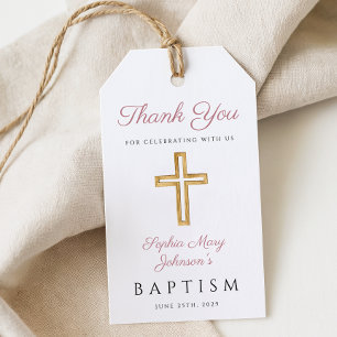 Elegant Religious Cross Girl Pink Baptism Gift Tags