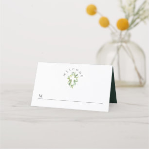 Elegant Religious Cross Green Botanical Baptism Place Card