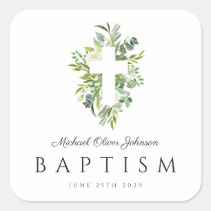 Elegant Religious Cross Green Botanical Baptism  Square Sticker