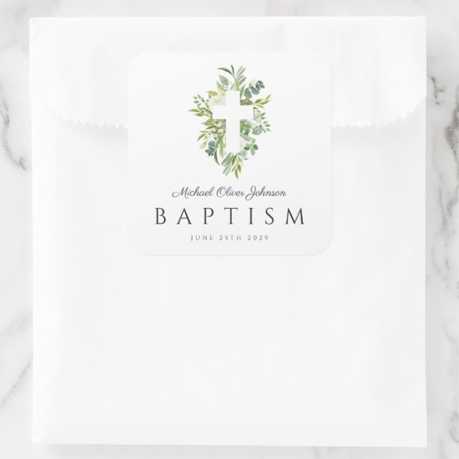 Elegant Religious Cross Green Botanical Baptism  Square Sticker (Bag)