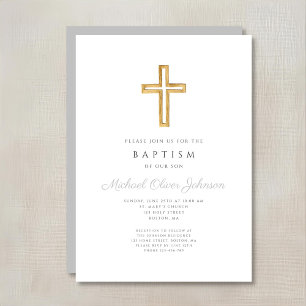 Elegant Religious Cross Grey Script Boy Baptism Invitation