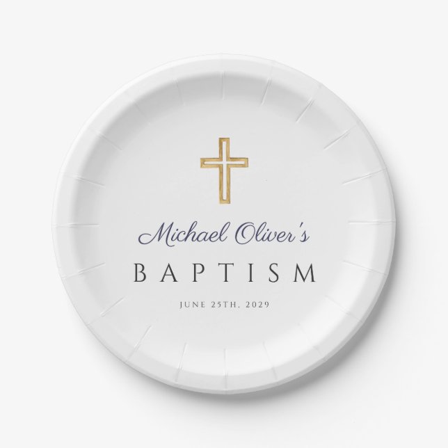 Elegant Religious Cross Navy Blue Boy Baptism Paper Plate (Front)