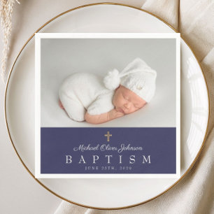 Elegant Religious Cross Navy Blue Photo Baptism Napkin