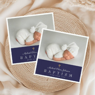 Elegant Religious Cross Navy Blue Photo Baptism Napkin