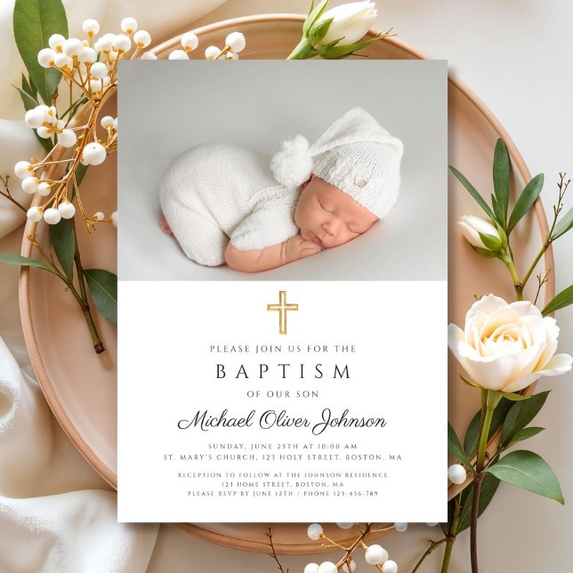 Elegant Religious Cross Photo Baptism Invitation (Elegant Religious Cross Photo Baptism Invitation)