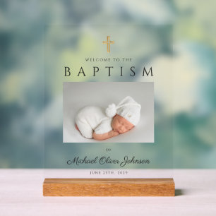 Elegant Religious Cross Photo Boy Baptism Welcome Acrylic Sign