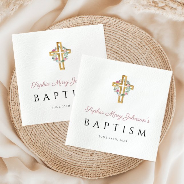 Elegant Religious Cross Pink Floral Baptism Napkin (Elegant Religious Cross Pink Floral Baptism Napkins)