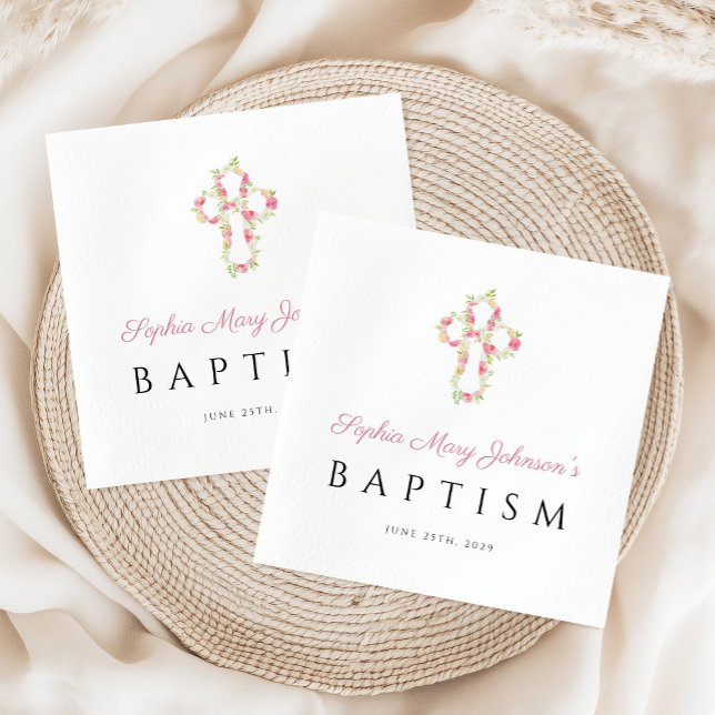 Elegant Religious Cross Pink Floral Baptism Napkin (Elegant Religious Cross Pink Floral Baptism Napkins)
