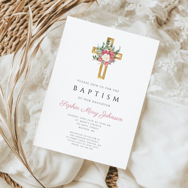 Elegant Religious Cross Pink Floral Girl Baptism  Invitation (Elegant Religious Cross Pink Floral Girl Baptism Invitation)