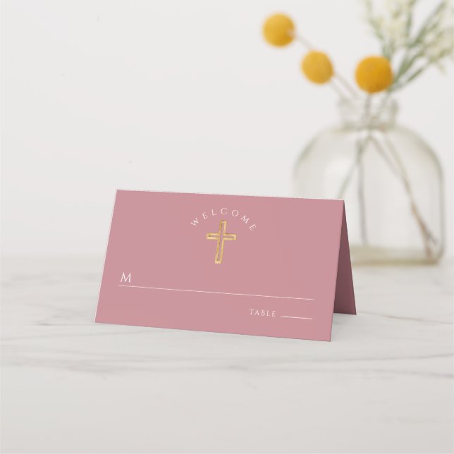 Elegant Religious Cross Pink Girl Baptism  Place Card (Front)