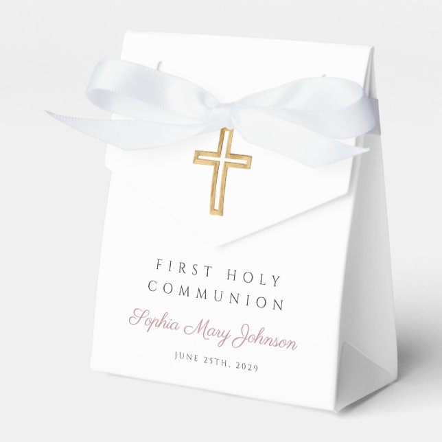 Elegant Religious Cross Pink Girl First Communion Favour Box (Front Side)