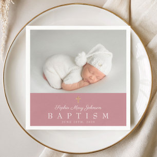 Elegant Religious Cross Pink Photo Girl Baptism Napkin