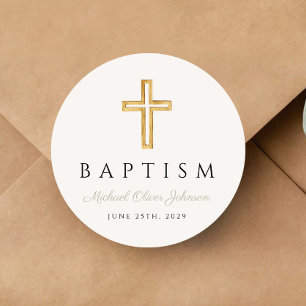 Elegant Religious Cross Sage Green Script Baptism Classic Round Sticker