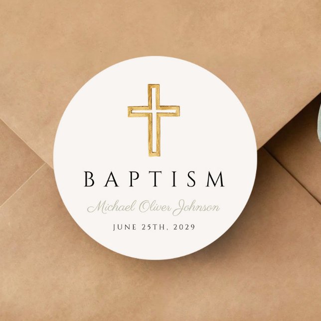 Elegant Religious Cross Sage Green Script Baptism Classic Round Sticker (Elegant Religious Cross Sage Green Script Baptism Classic Round Sticker)