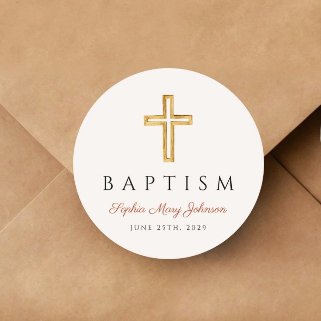 Elegant Religious Cross Terracotta Baptism Classic Round Sticker (Elegant Religious Cross Terracotta Baptism Classic Round Sticker)