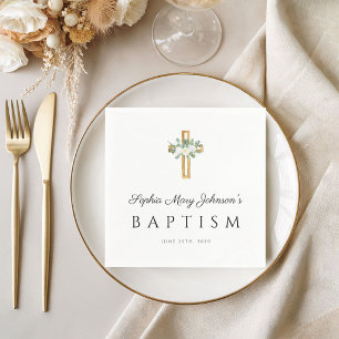 Elegant Religious Cross White Floral Baptism Napkin