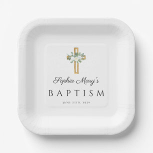 Elegant Religious Cross White Floral Baptism Paper Plate