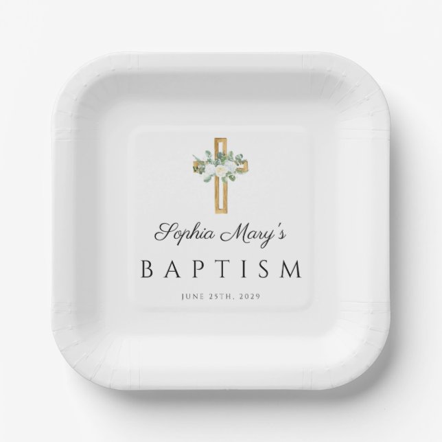 Elegant Religious Cross White Floral Baptism Paper Plate (Front)