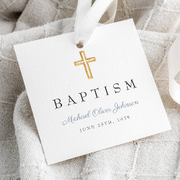 Elegant Religious Dusty Blue Cross Baptism Favour Tags