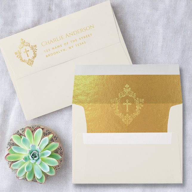 Elegant Religious Faux Gold Cross Crest Ivory Envelope (Creator Uploaded)