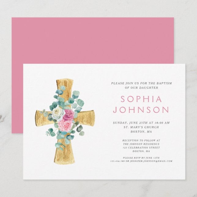 Elegant Religious Floral Cross Girl Baptism  Invitation (Front/Back)