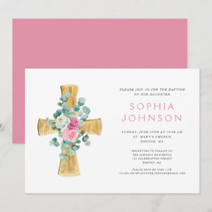 Elegant Religious Floral Cross Girl Baptism Invitation