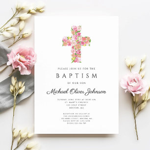 Elegant Religious Floral Pink Cross Baptism Invitation