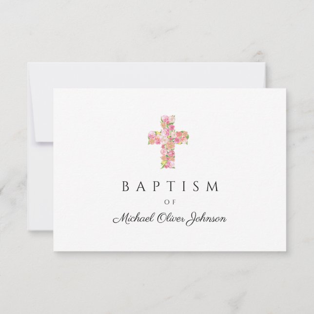 Elegant Religious Floral Pink Cross Baptism RSVP Card (Back)