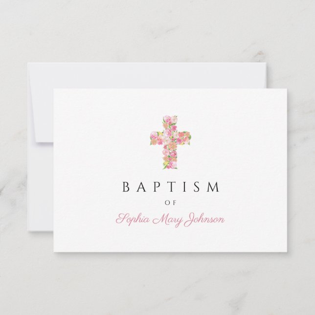 Elegant Religious Floral Pink Cross Girl Baptism RSVP Card (Back)