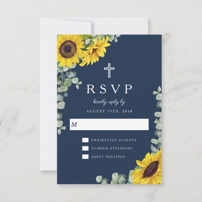 Elegant Religious Navy Blue Sunflower Wedding RSVP Card (Front)