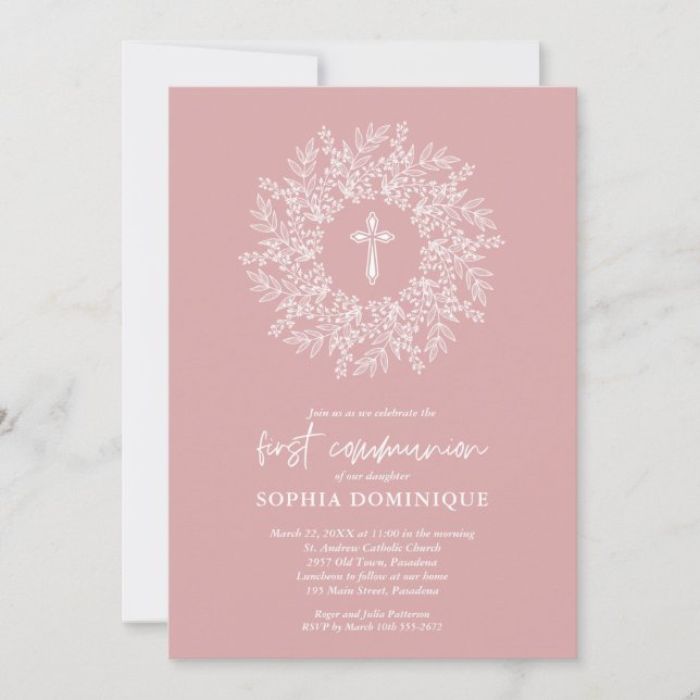 Elegant Religious Pink Cross Girl First Communion Invitation (Front)