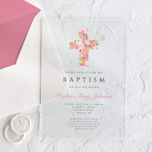 Elegant Religious Pink Floral Cross Baptism Acrylic Invitations