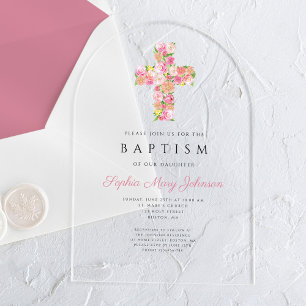 Elegant Religious Pink Floral Cross Baptism Acrylic Invitations