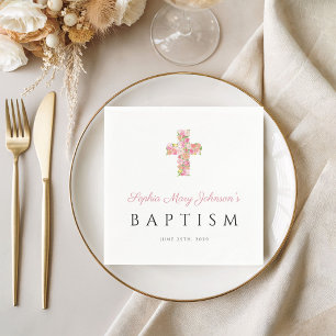 Elegant Religious Pink Floral Cross Baptism Napkin