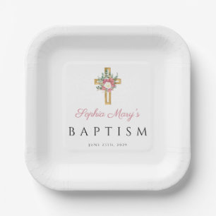 Elegant Religious Pink Floral Girl Baptism Paper Plate