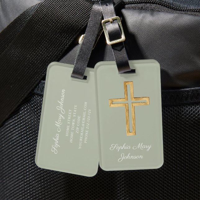 Elegant Religious Psalm Sage Green Luggage Tag (Elegant Religious Cross Sage Green Script Luggage Tag)