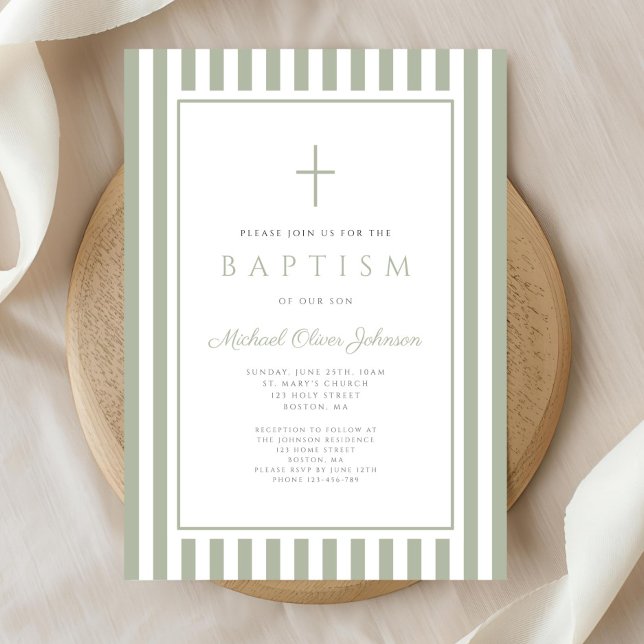 Elegant Religious Sage Green Boy Baptism Invitation (Elegant Religious Sage Green Boy Baptism Invitation)