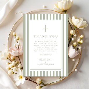 Elegant Religious Sage Green Boy Baptism Thank You Card