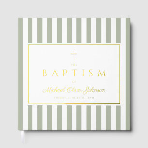 Elegant Religious Sage Green Stripes Baptism Guest Book