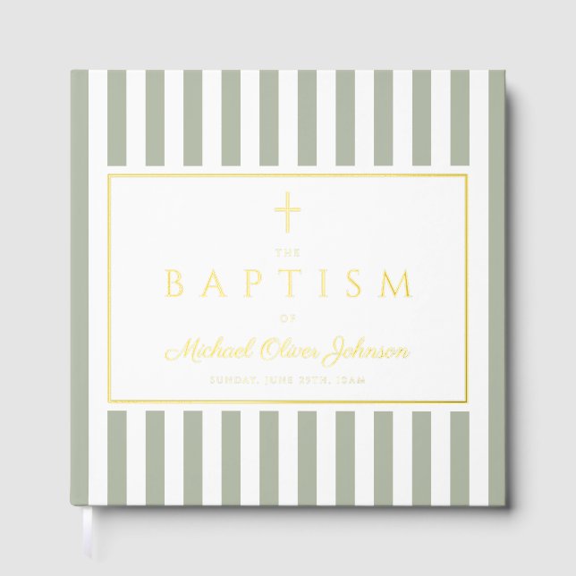 Elegant Religious Sage Green Stripes Baptism Guest Book (Front)