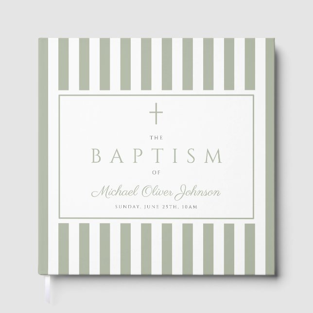 Elegant Religious Sage Green Stripes Baptism Guest Book (Front)