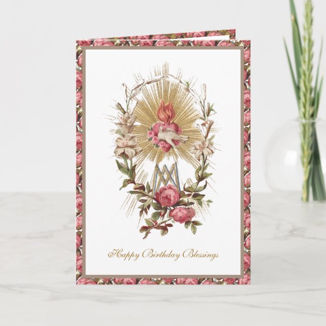 Elegant Religious Virgin Heart of Mary Doves Card (Front)